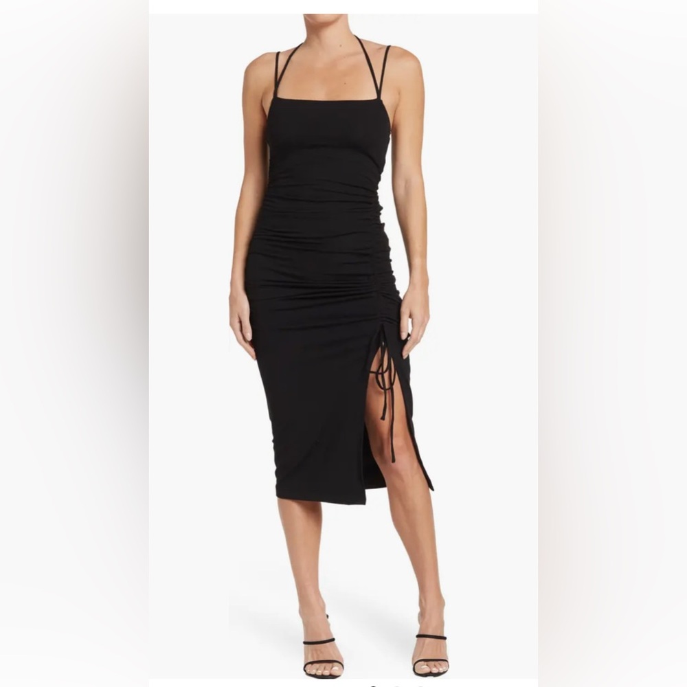 Black roushed midi stretchy dress 
New